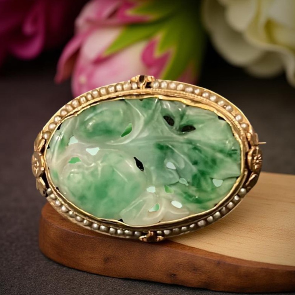 Antique Art Deco Gold Apple Jade Floral Cherry Blossom Pearl Lined Cameo Brooch - Picture 10 of 16